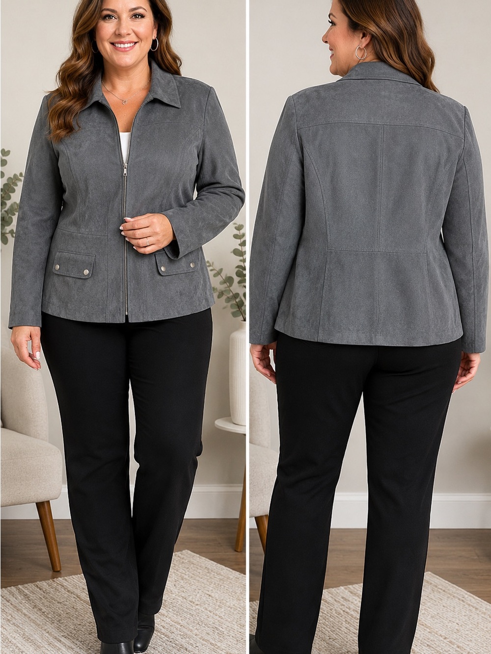 N Touch Faux Suede Jacket Size 16 Grey Zip Front Blazer Silver Tone Hardware